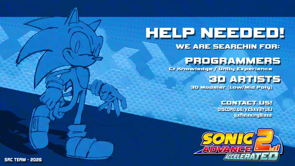 SRCTeam_'s tweet photo. HI THERE!!!

We are working on a reimagining/remake of Sonic Advance 2 with a "2.5D" style with new mechanics, visuals and much more!

If you're interested in helping, you can join our Discord and contact us there, or send us a DM! https://t.co/ckBb6rMClS