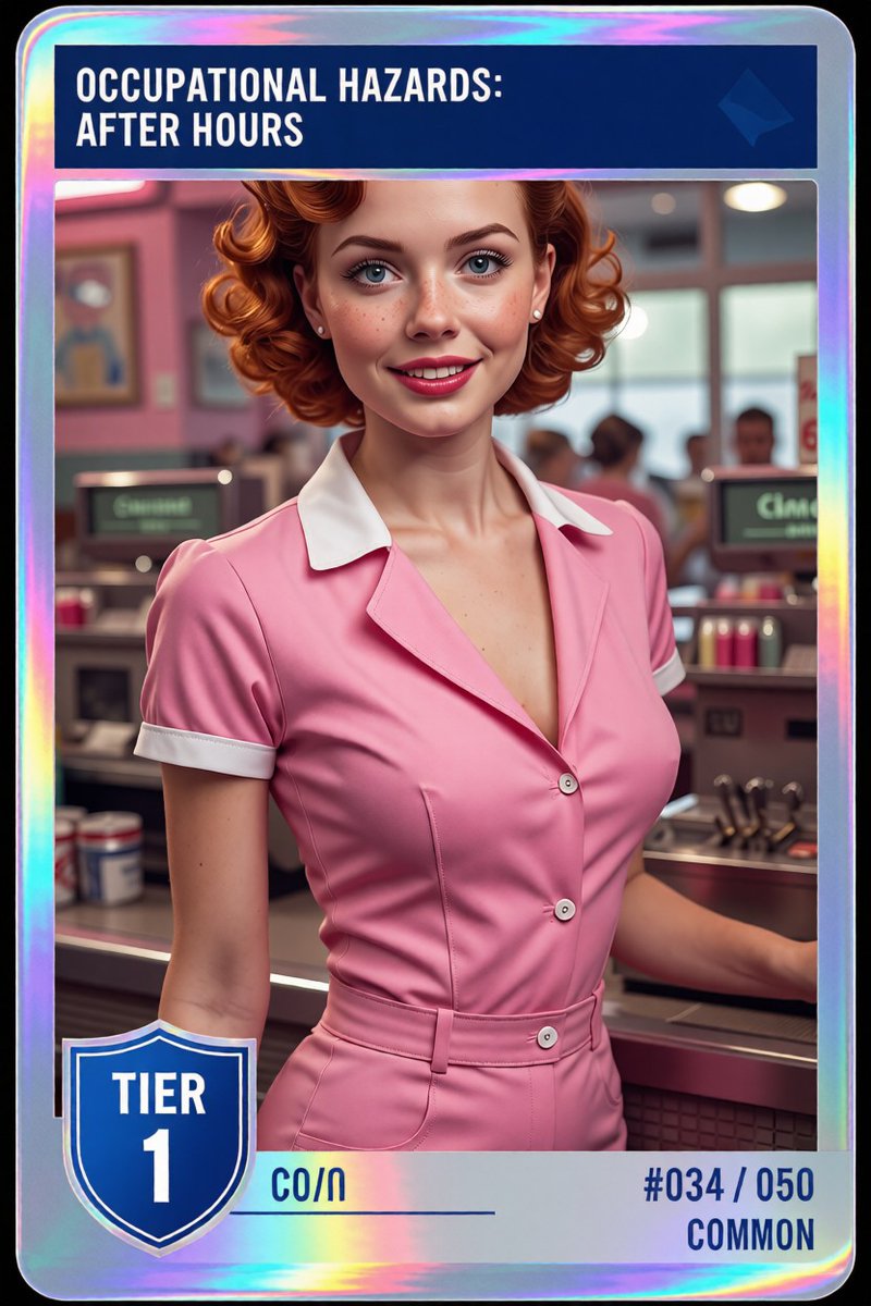 LF_Collect_NSFW's tweet photo. Card #034: "The Cashier"
22 years old. Short curly red hair and freckles.
Two buttons unbuttoned. Cleavage peeking through.
Still professional, but the uniform is negotiating.
Collect π
https://t.co/MT3fGtVLRl
#NFT #AIArt #NFTCommunity #Card034 https://t.co/xQoFFs0iR3