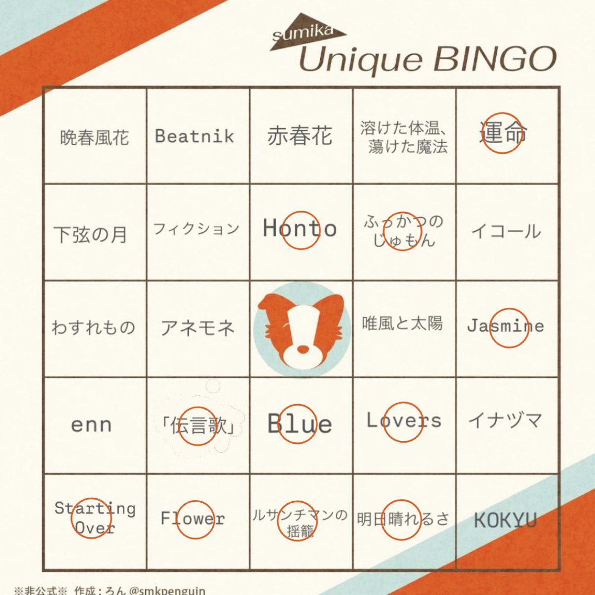 __ki397's tweet photo. 今更ながらUniqueビンゴの答え合わせ🪞♩
まさかの願望込みで書いたJasmine、明日晴れるさ、Flowerが聴けると思ってなくて嬉しかった！☺︎

#sumika #Uniqueビンゴ https://t.co/lkhYdEtfPo