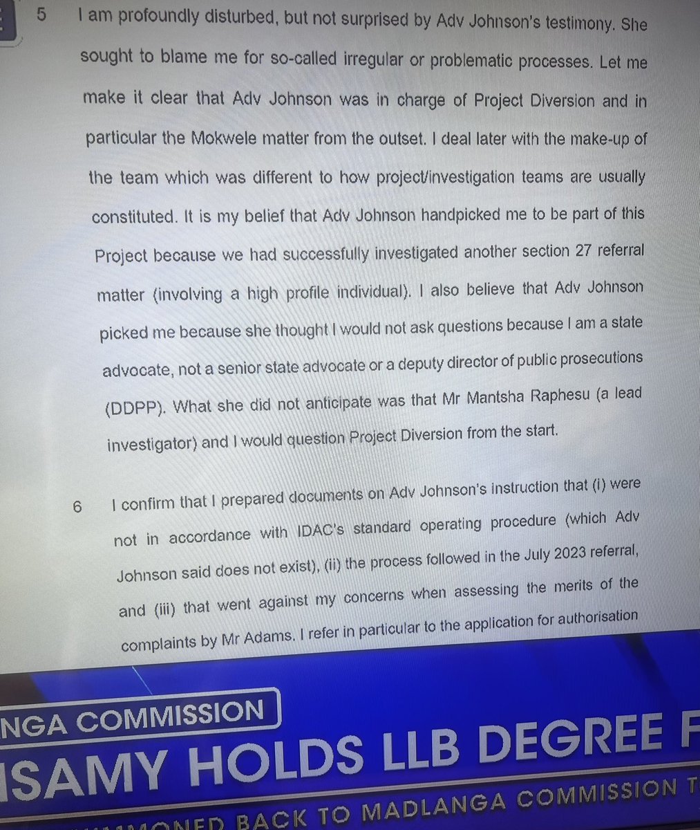 tumisole's tweet photo. #CountryDuty #MadlangaCommission 

Today, a new witness, Ms #Ramsamy is testifying. She is part of IDAC. 

#AndreaJohnson has been ordered to return to the Commission to respond  to allegations made by Ramsamy. 

These include: 

1. Johnson didn’t tell the truth at the Commission on the Bridgadier #DineoMokwele matter 

2. The #FadielAdams matter was dead in the water but Johnson insisted it proceeds. 

3. Johnson said there were no policies and documents at IDAC including SOPs but witness will show the contrary. 

4. Ramsamy says Johnson would often deviate from  IDAC processes and it was coupled with intimidation. 

5. Johnson was called “FlipFlop- Knee Jack”