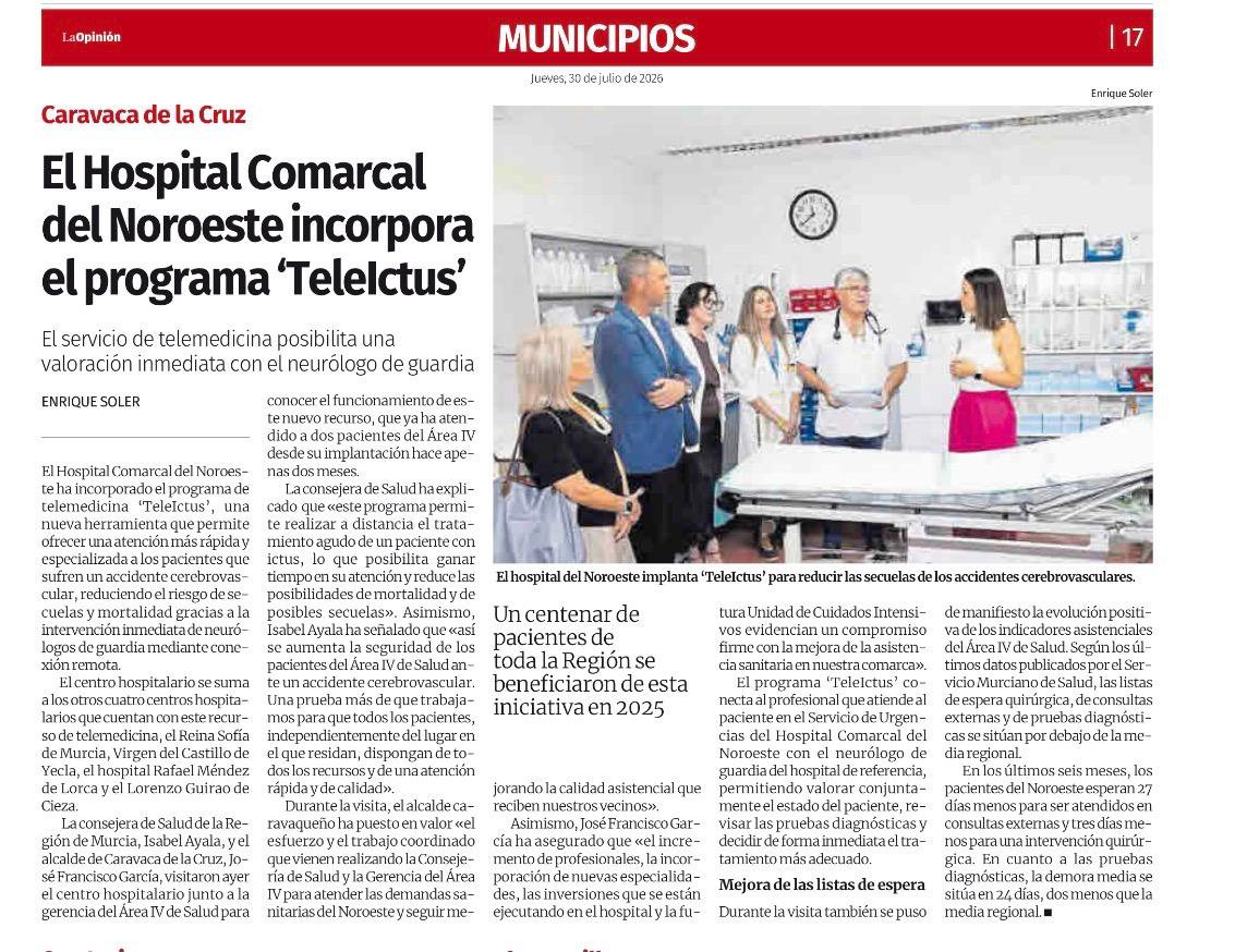 Murciasalud's tweet photo. La prensa regional @laverdad_es y @diariolaopinion recogen hoy 📅 en sus páginas 📰 que el Hospital Comarcal del Noroeste (Caravaca) @Area4Noroeste se suma al programa #TeleIctus.
👉 Esta herramienta de telemedicina conecta en tiempo real a urgencias con neurólogos de guardia para actuar con máxima rapidez ante un accidente cerebrovascular, reduciendo secuelas y mortalidad 🧠⚡
#murciasalud