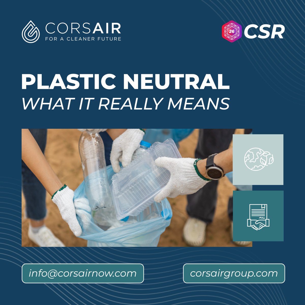 CorsairGroup's tweet photo. Plastic neutrality is more than a claim—it is a measurable commitment.
Being plastic neutral means ensuring that an amount of plastic waste equivalent to your plastic footprint is collected and... #CSRPlasticCredit #ESG #Blockchain #EnvironmentalImpact https://t.co/dsmK3rrkEc