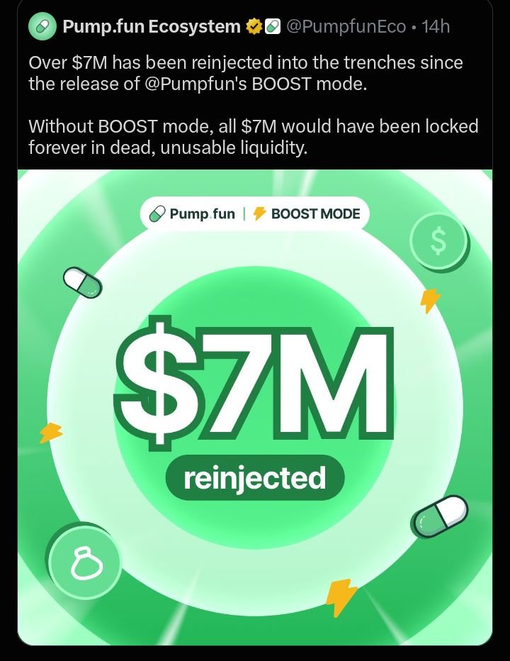 CrryptoYeezusss's tweet photo. Without BOOST mode, all $7M would have been locked forever in dead, unusable liquidity which still basically locks or burns $SOL so made it almost deflationary but still probably the best update $PUMP has done yet imo 💪 Long way to go though, but we keep clicking 💯 https://t.co/qmK1lRNb3L