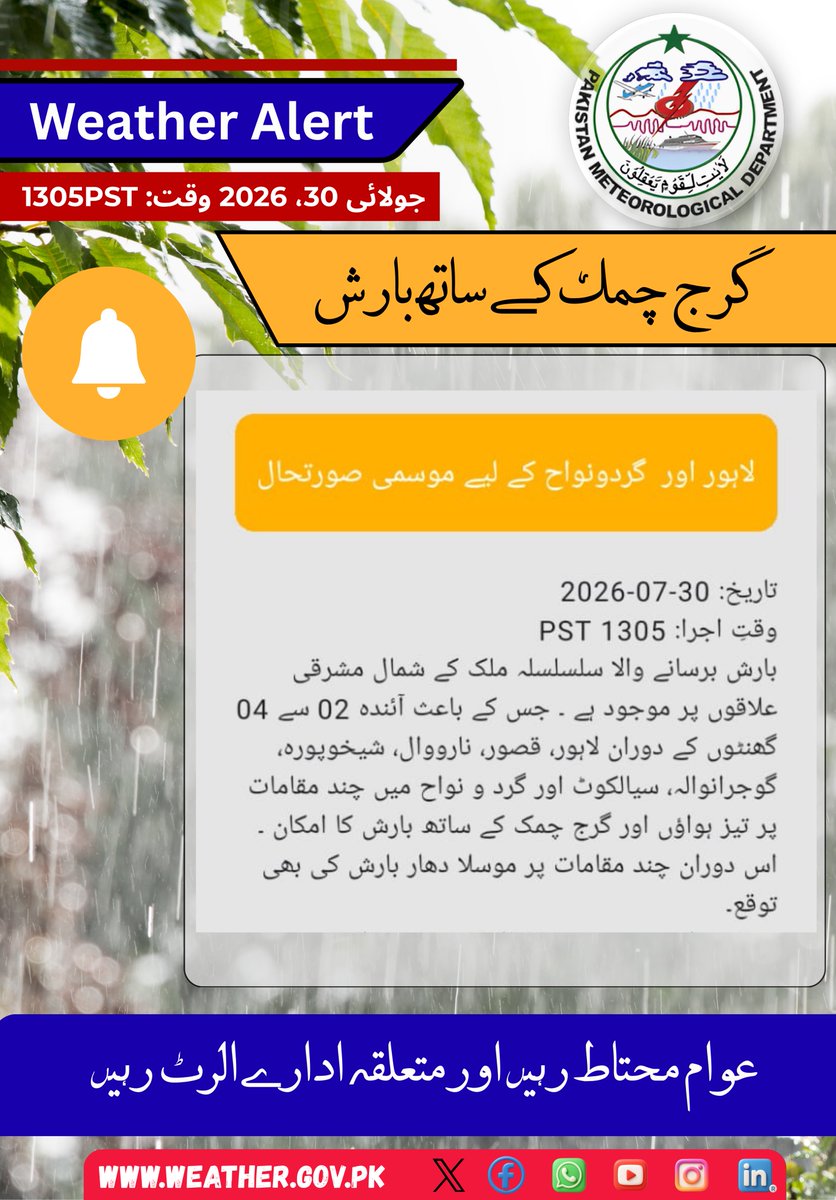 pmdgov's tweet photo. 🌦️ لاہور اور گردونواح کے لیے موسمی صورتحال-
#WeatherAlert #PunjabWeather #HeavyRain #ThunderstormAlert #CentralPunjab #Bhakkar #Layyah #Jhang #Faisalabad #Sargodha #Khushab #Chiniot #TobaTekSingh #RainAlert #StaySafe #PMD #PakistanWeather https://t.co/fNd8Z5gAEc