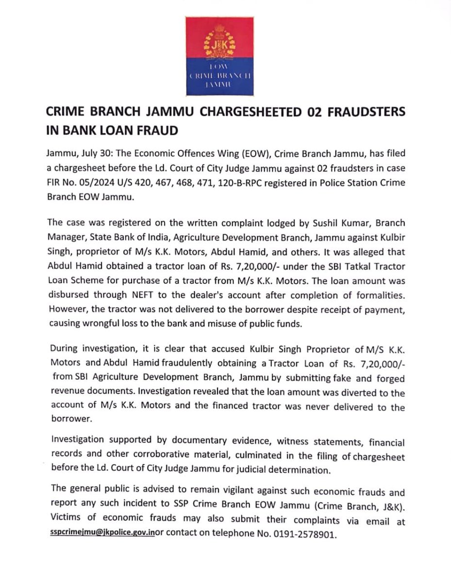crime9908's tweet photo. CRIME BRANCH JAMMU CHARGESHEETED 02FRAUDSTERS IN BANK LOAN FRAUD https://t.co/hQXCxnARiE