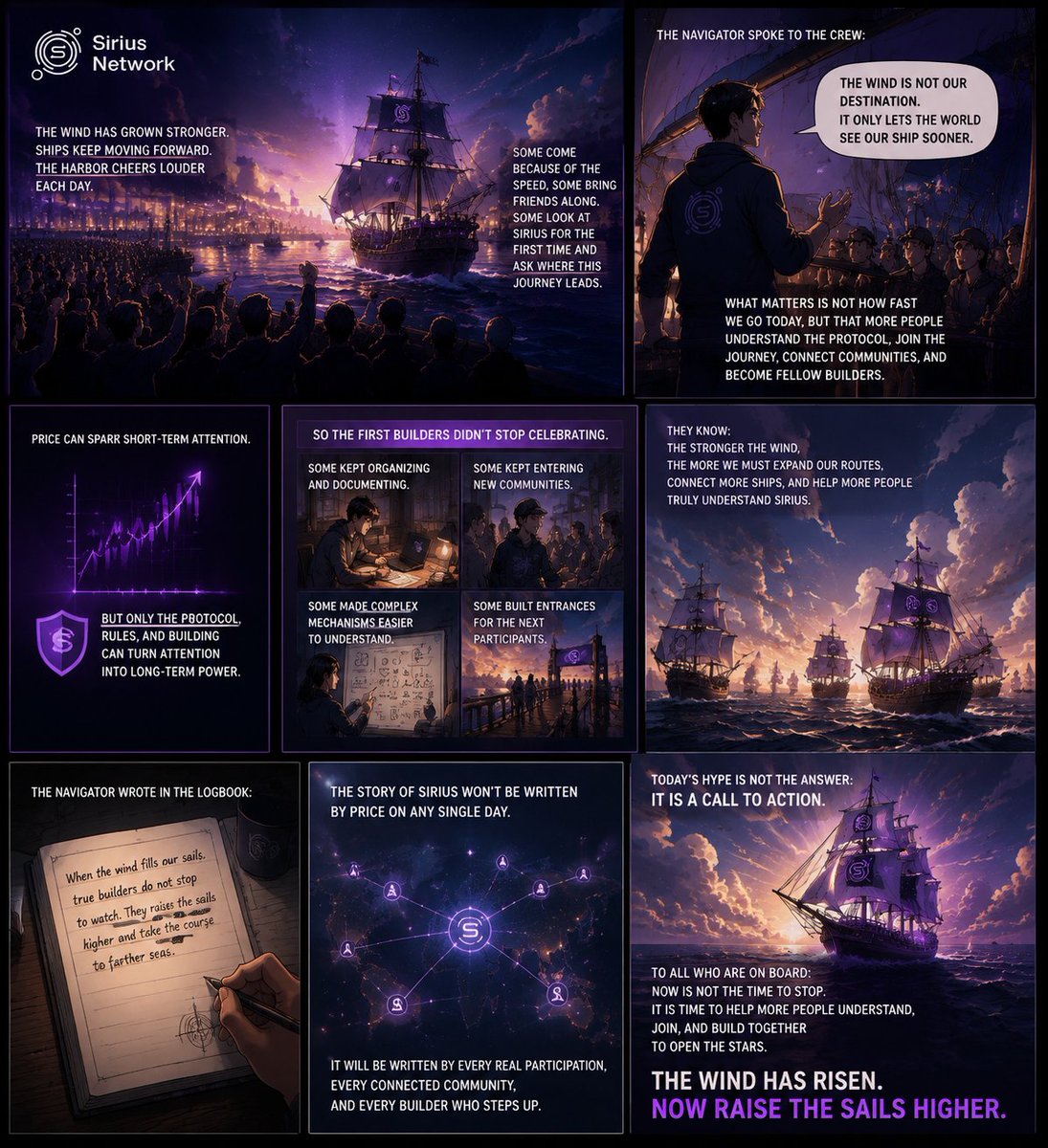 SiriusNetw0rk's tweet photo. ⛵️When the wind rises, hoist the sails higher.

Those days, the winds at sea grew stronger and stronger.

The ship pressed onward, and the cheers in the harbor grew louder each day.

Some came because of the speed, some brought friends aboard,

and some, looking at SIRIUS for the first time, began to ask where this route led.

The navigator didn't dampen the enthusiasm.

A strong wind should have made more people see the possibility of a long voyage.

But he stood in the middle of the deck and said to all the crew: The wind is not our destination.

It just made the world see this ship sooner.

What's truly exciting isn't just how fast we're moving today.

It's that as more and more people get closer,

they begin to understand the agreement, participate in its operation, connect with the community, and transform from onlookers into fellow travelers.

Price can ignite momentary attention,

but only agreements, rules, and construction,

can transform fleeting attention into long-term power.

So, the first builders didn't stop to celebrate.

Some continued compiling data, others ventured into new communities,

some explained the complex mechanisms more clearly,

and others began building entry points for the next batch of participants.

They knew: the more favorable the winds, the less they could afford to simply admire the speed.

This was the best time to expand the course, connect more ships, and let more people truly understand SIRIUS.

The navigator wrote in the log: When the wind fills the sails, true builders don't stop to watch.

They will raise the sails higher, taking the course to farther seas.

The story of SIRIUS won't be written by the price of a single day.

It will be completed by every genuine participant, every connected community,

everyone willing to step forward to build.

Today's enthusiasm is not the answer.

It's a clarion call.

telling everyone already aboard: Now is not the time to stop.

But the time to let more people understand, join, and jointly create a new world.

THE WIND HAS RISEN.
NOW RAISE THE SAILS HIGHER.
#SIRIUS #DeFi #BNBChain #SiriusNetwork #SIRIUS01 #DeFi #BNBChain #AMM #PMM