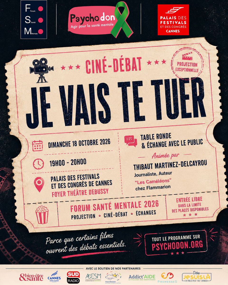 Le_Psychodon's tweet photo. 🎬 Et si un film pouvait ouvrir le dialogue sur la santé mentale ?
🎟️ Entrée libre, dans la limite des places disponibles.
Retrouvez l’ensemble du programme du Forum sur https://t.co/8xWlxw2mqZ.
@CannesPalais @ADESM_fr @Uniopss @SudRadio @Addict_Aide @FranceDpression @dmeillerand https://t.co/dCdnip1Nom