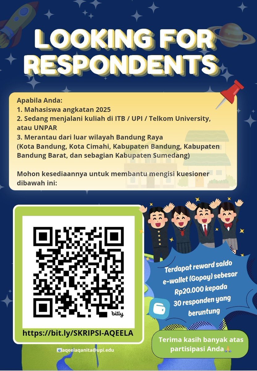 blueberrychocos's tweet photo. Haii guyss 👋
Saat ini aku sedang melakukan penelitian dan membutuhkan banyak responden, kalau kamu termasuk dalam kriteria mohon bantuannya untuk mengisi dan bantu share yahh 

🔗 https://t.co/TEb6awdDgc

(Ada reward gopay untuk 30 orang yang beruntung!!)
#kuesioner #skripsi https://t.co/DxFgoG4gn8