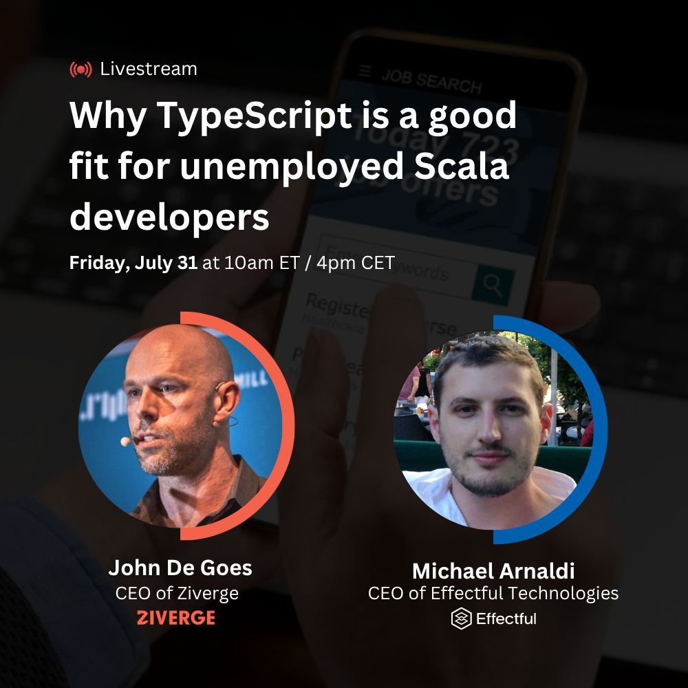 zivergetech's tweet photo. We're going live TOMORROW 🚨 

Why #TypeScript is a Good Fit for Unemployed #Scala Developers 🤔 

🎙️ @MichaelArnaldi from @EffectTS_ and @EffectfulTech
🎙️ @jdegoes from @Ziverge

Friday, July 31st at 10am ET / 4pm CET on X, LinkedIn, and YouTube.

Follow to be notified 👀 https://t.co/Z4L8guBS1j
