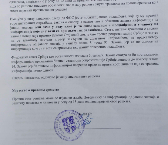 popovic_predrag's tweet photo. Fudbalski savez Srbije odbija da otkrije koliko novca je dobio Dragan Stojković dok je bio selektor.
Na četiri stranice odgovora, FSS se poziva na razne zakone, koji nemaju veze sa temom. Naposletku, kažu da bi objavljivanje ugovora "povredilo pravo na privatnost" Stojkovića. https://t.co/cAPcTcGW02