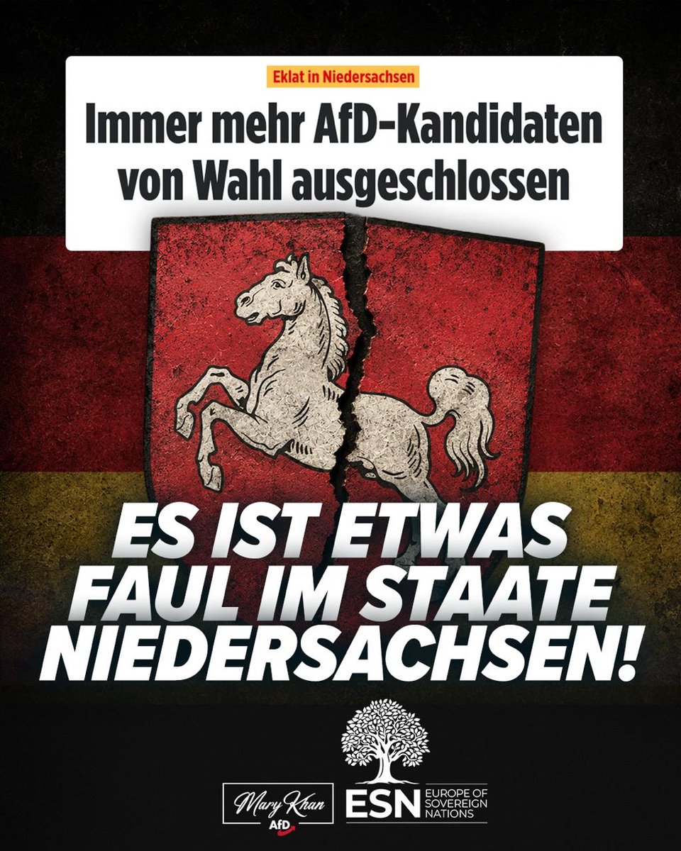 Mary_Khan94's tweet photo. Während die AfD immer stärker wird und ein Verbotsverfahren zunehmend aussichtslos erscheint, greifen die Altparteien zu immer perfideren Methoden: Statt die AfD als Ganzes anzugreifen, werden immer häufiger einzelne AfD-Kandidaten von Wahlen ausgeschlossen. In Niedersachsen häufen sich diese Fälle inzwischen.

Wer glaubt, die Opposition durch Behörden, Wahlausschüsse und juristischen Konstruktionen ausschalten zu können, hat den demokratischen Wettbewerb längst aufgegeben.

Wer Millionen AfD-Wählern ihre Kandidaten nimmt, greift nicht nur eine Partei an, sondern das demokratische Grundprinzip freier Wahlen.

Unsere volle Solidarität gilt den betroffenen Kandidaten, die sich trotz massiven politischen Gegenwinds für unsere Heimat einsetzen.

Die Entwicklungen in Niedersachsen senden ein fatales Signal. Wir werden uns davon nicht einschüchtern lassen. Jetzt erst recht! 🇩🇪
