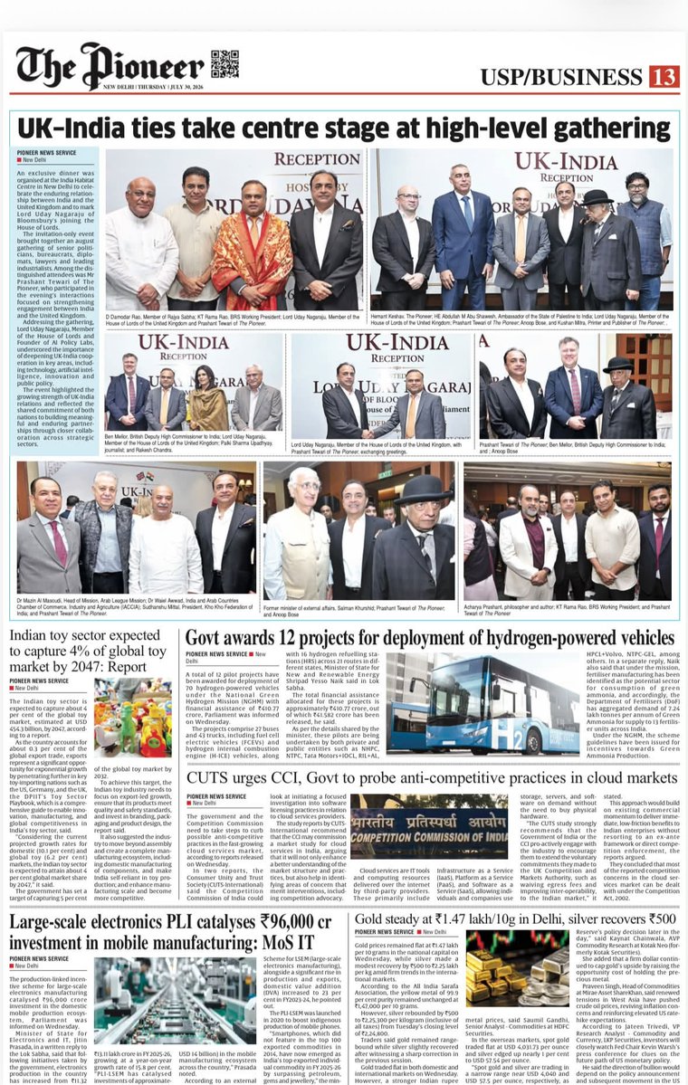 TheDailyPioneer's tweet photo. The Pioneer had the privilege of welcoming Lord Uday Nagaraju, Member of the House of Lords, in New Delhi. The event was graced by eminent politicians, diplomats, corporate leaders, media personalities, judges, and members of the legal fraternity, making it a truly distinguished gathering. @UKinIndia @KTRBRS @palkisu @salman7khurshid @Advait_Prashant @pra