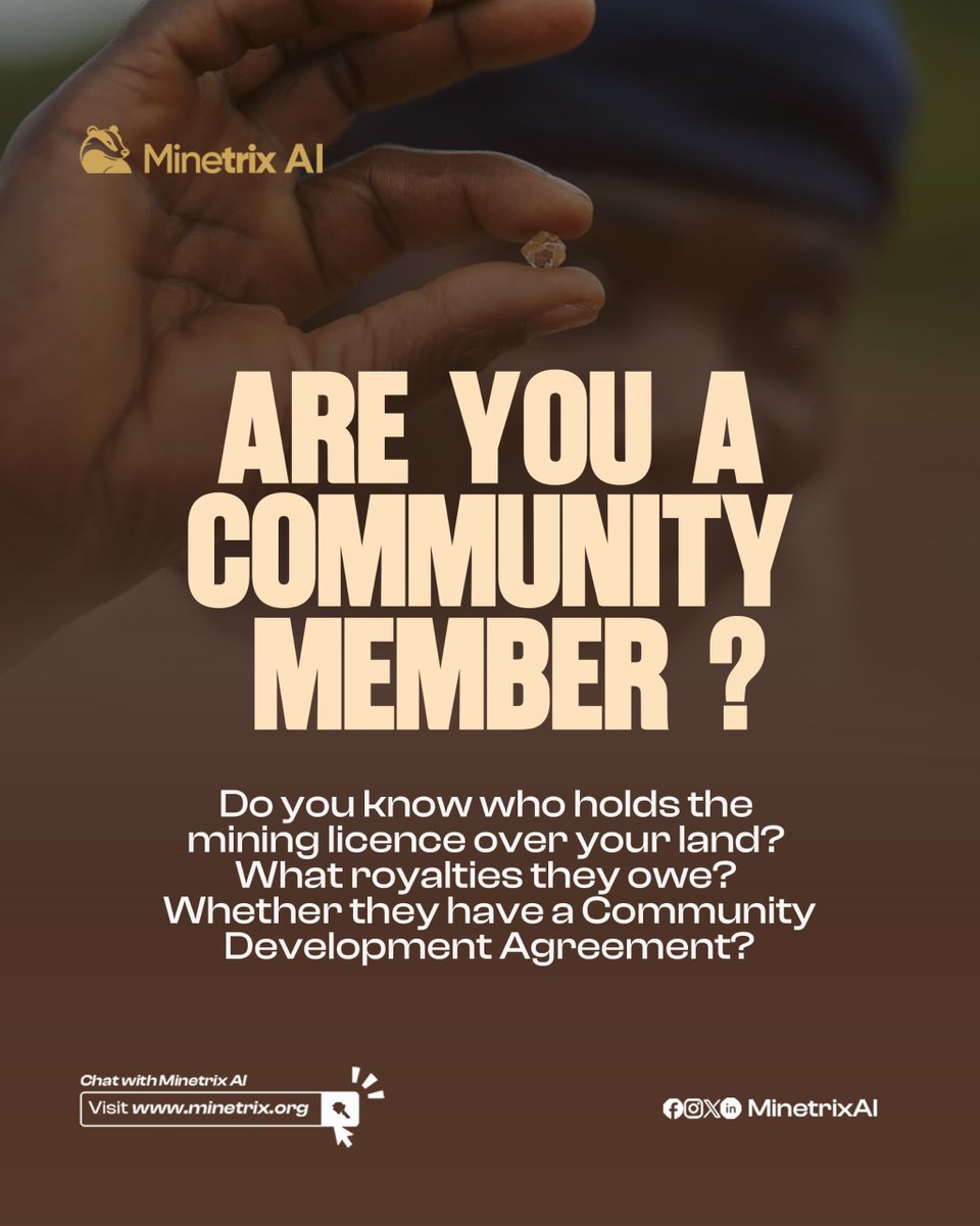 MinetrixAI's tweet photo. Every community deserves answers.

If mining is happening around you, you have the right to know: Who owns the mining licence, What royalties are payable, Whether a Community Development Agreement exists.

Ask the right questions with Minetrix AI.
Visit https://t.co/7LR8vzKux6 https://t.co/vvEd6Qb9bj