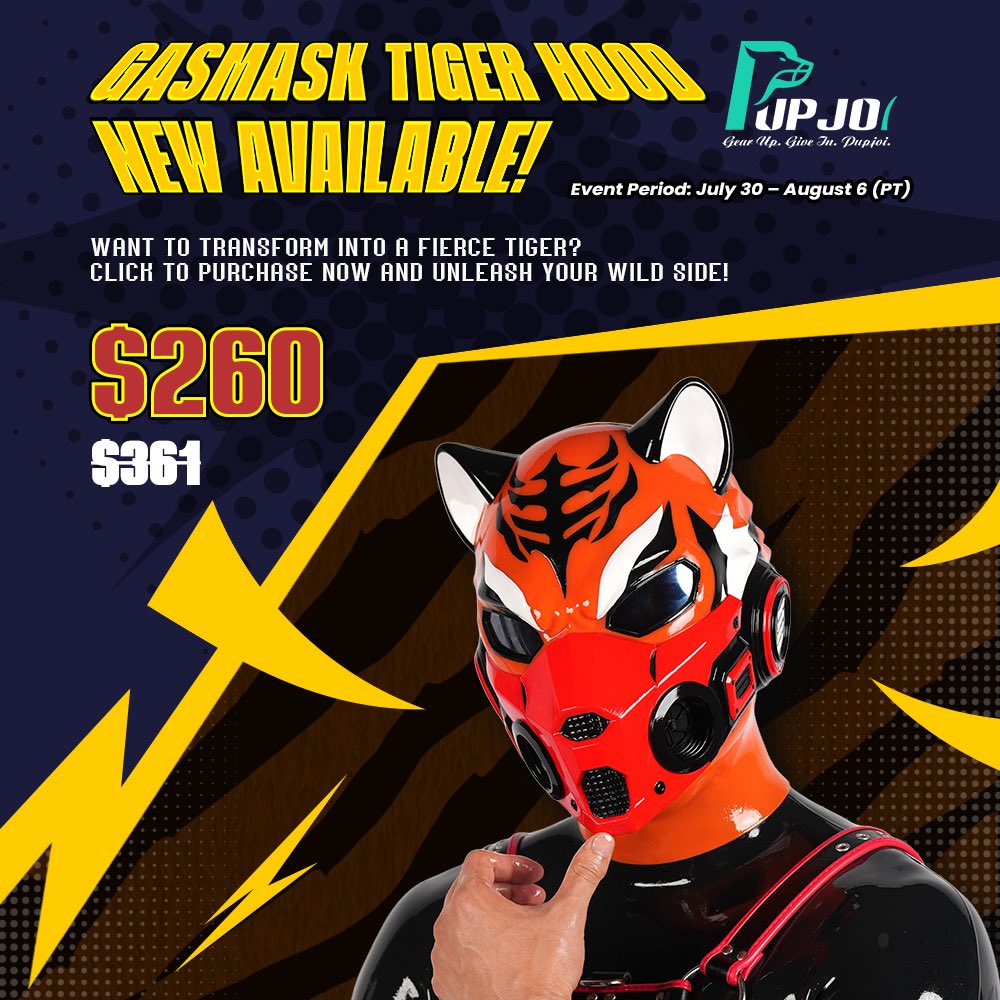 Pupjoi's tweet photo. 🐯 GIVEAWAY TIME! 🐯

The Gasmask Tiger Hood has arrived.
Ready to awaken the tiger within? 🔥

Available now:
🖤 Pure Black
🐯 Painted Version
👇
https://t.co/luiShbWHsO

We’re giving one lucky pup a chance to win this fierce new drop!

How to enter:
🐾 Follow @Pupjoi
🐾 Like & RT this post
🐾 Tag a friend who needs to unleash their wild side 🐯

Winner announced after the event ends.

Event Period: July 30 – August 6 (PT)