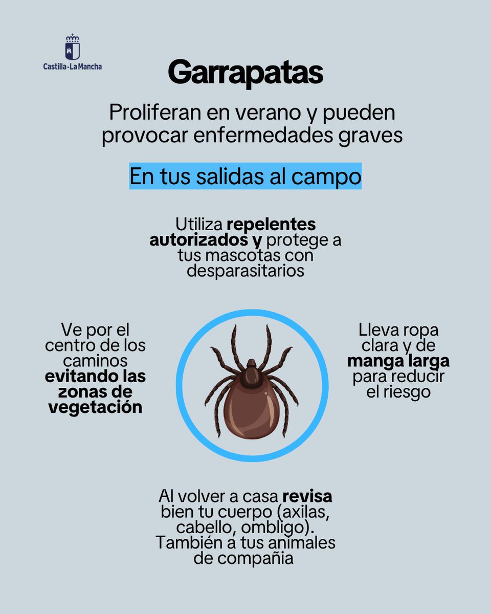 SanidadCLM's tweet photo. ⚠️ Las picaduras de garrapatas pueden provocar enfermedades graves. 
Puedes evitarlo siguiendo estas recomendaciones: 

👉🏻 Utiliza repelentes autorizados
👉🏻 Camina por el centro de los senderos
👉🏻 Mejor con ropa clara 
👉🏻 Revisa bien tu cuerpo cuando llegues a casa https://t.co/nqCDkKWgm6