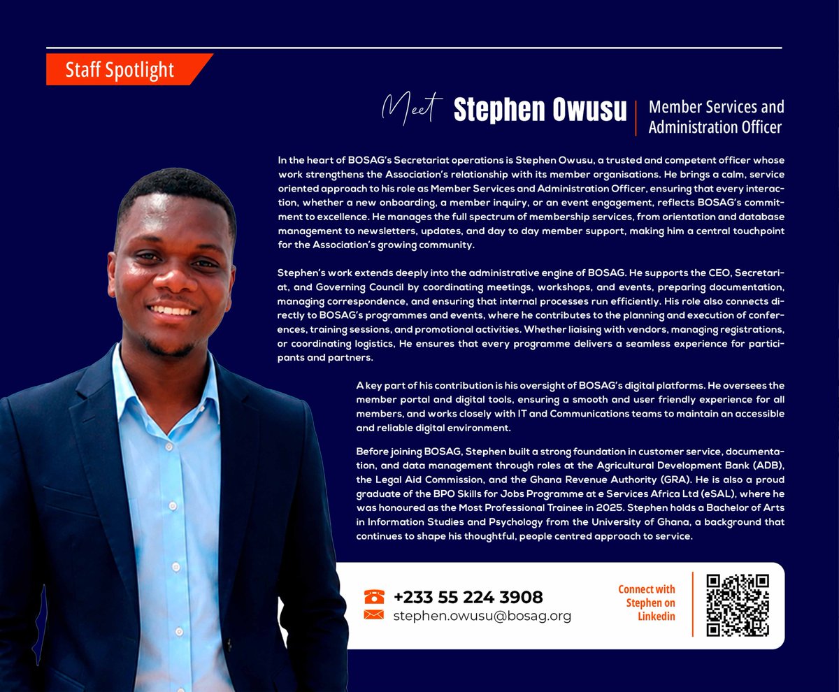 bosag_org's tweet photo. Staff Spotlight: Stephen Owusu, Member Services & Administration Officer at BOSAG. He drives member relations, Secretariat operations, digital platform management, and ecosystem engagement. Explore his full feature in the BOSAG Q2 2026 Newsletter. #BOSAG #GBS #BPO #ITES https://t.co/zqgcopsFVs
