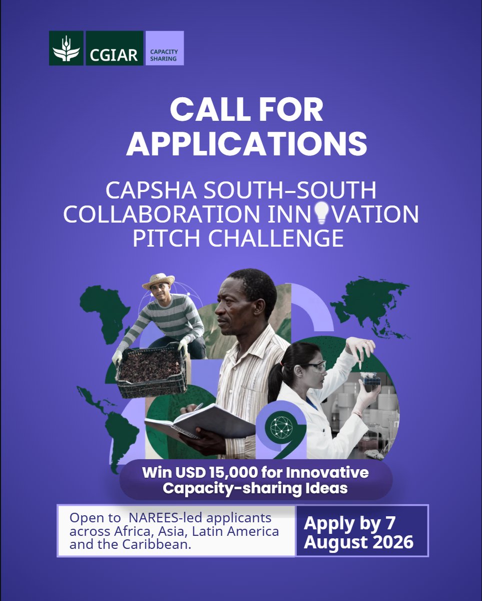 CGIAR's tweet photo. Call for Applications. @CGIAR's Capacity Sharing Accelerator is inviting NAREES institutions to propose partnerships that co-create knowledge, test new approaches and strengthen long-term capacity.

US$15,000 grants available.

Apply by 7 August: https://t.co/l3N9tCC5m7 https://t.co/1RdUGlwrOo