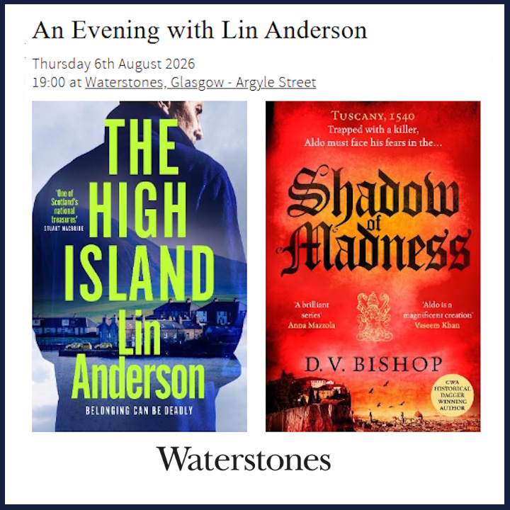 Mystery_Tomes's tweet photo. Join us to celebrate the launch of The High Island, 1st in a new series of Orcadia Mysteries from crime writing legend Lin Anderson.
Lin will be in conversation with D.V. Bishop, author of the Cesare Aldo series of mysteries set in Renaissance Italy:- https://t.co/OwTBPUfdfa https://t.co/AtQGMCoeCm