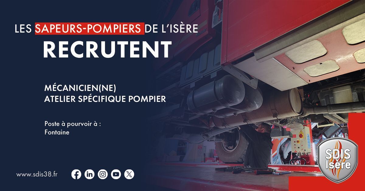 sdis38's tweet photo. 🚒 Le SDIS de l’Isère recrute un(e) Mécanicien(ne) spécifique pompier H/F à Fontaine !

🔧 Maintenance d’engins de secours à forte technicité
 ✅ Expérience mécanique/hydraulique/électricité
 ✅ Permis B &amp; C

📅 Candidatures jusqu'au 28/08/2026
 📩 grh.recrutement@sdis38.fr https://t.co/wP5CdpFHEI