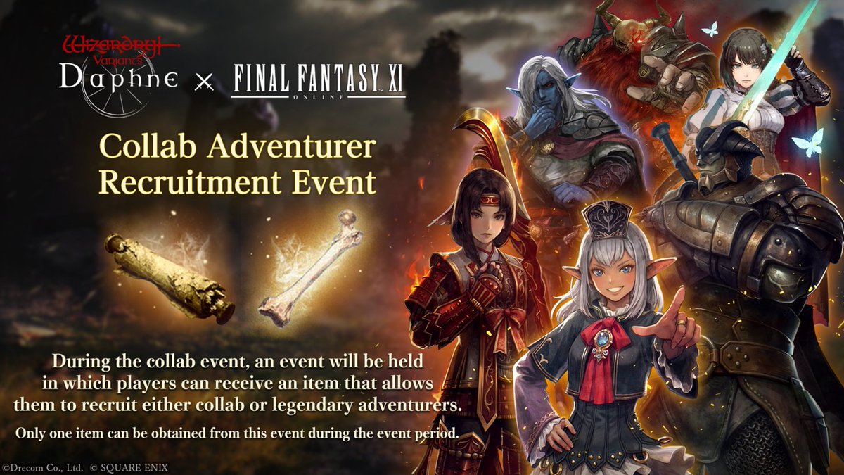 Wiz_Daphne_en's tweet photo. [Collab Adventurer Recruitment Event]

During the #WizardryDaphne x #FFXI collab period, an event will appear where you can obtain Scrolls and Remains used to recruit collab and legendary adventurers.

You can choose one item from the following six types.

▼Collab Adventurers
- Abhorrent One of Tavnazia, Prishe
　　∟Moldy Scroll of the Child of Destiny Who Defies Fate
- Singer of the Rhapsodies, Iroha
　　∟Moldy Scroll of the Priestess Who Safeguards the Future
- Darksteel Hurricane, Zeid
　　∟Moldy Scroll of the Mark-Sworn Dark Knight

▼Legendary Adventurers
- Traitor to Gods Red Beard
　　∟Bones of the Priest Who Rebelled Against the Gods
- Lord of the Deep Forest, Arboris
　　∟Bones of the Extraordinary Thief Who United the Deep Forest
- Abenius of the Glintblade
　　∟Bones of the Fighter Called the Glintblade

This event becomes available in the Royal Capital Luknalia after progressing to a certain point in the Beginning Abyss, and you can obtain the above above reward by progressing through the event.

▼Availability
7/30 (Thu) - 9/10 (Thu) 12:59 JST

#WizardryDaphnexFFXICollab