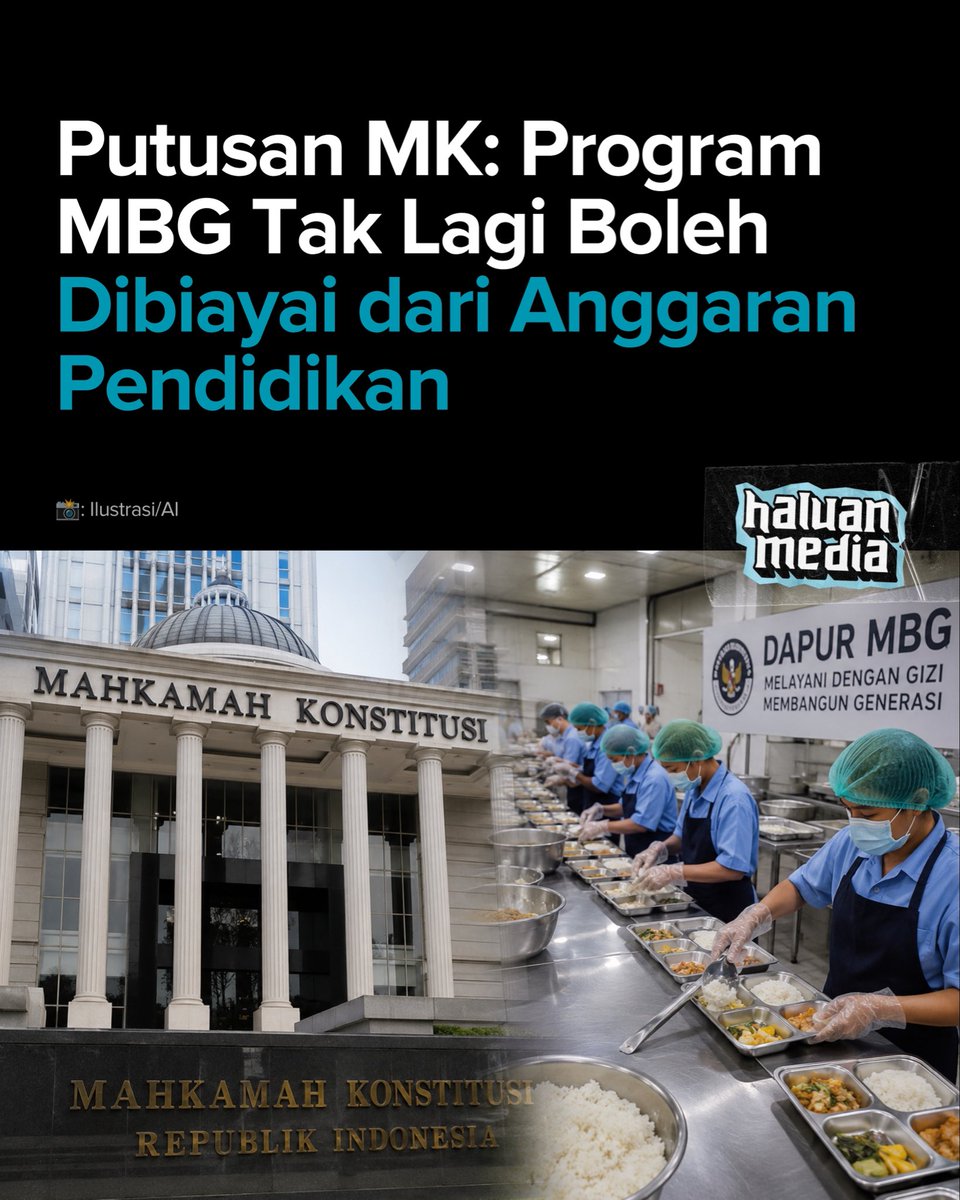 haluandotco's tweet photo. Mahkamah Konstitusi (MK) mengabulkan sebagian permohonan uji materi terkait penggunaan anggaran pendidikan untuk program Makan Bergizi Gratis (MBG).

• MK memutuskan dana pendidikan dalam APBN tidak boleh lagi digunakan untuk membiayai program MBG.

• Putusan dibacakan Ketua MK Suhartoyo dalam sidang di Gedung MK, Jakarta Pusat, Kamis (30/7).

• MK menilai program MBG bukan merupakan komponen utama penyelenggaraan pendidikan.

• Karena itu, anggaran MBG harus dipisahkan dari anggaran pendidikan.

• Permohonan uji materi diajukan oleh Yayasan Taman Belajar (TB) Nusantara dan dikabulkan sebagian.

• MK menegaskan anggaran MBG tidak lagi menjadi bagian dari anggaran operasional penyelenggaraan pendidikan dalam APBN.

• Pemerintah diwajibkan memisahkan anggaran MBG dari dana pendidikan mulai APBN Tahun Anggaran 2027.

• Paling lambat, pemisahan anggaran tersebut harus diterapkan pada APBN Tahun Anggaran 2028.