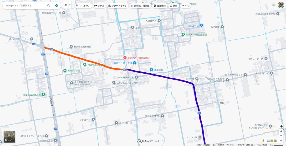 san_v3's tweet photo. 和田の水素ステーションのところに出る県道136号線、紫の区間は30キロ制限の標識があるけど、オレンジ区間は手前で30キロここまでの標識があって、60キロで走ってOKな区間だったんだよね。
ここも法定30キロ制限になるんだなー
https://t.co/uWeg88zzHR https://t.co/SfAXAwUqZv