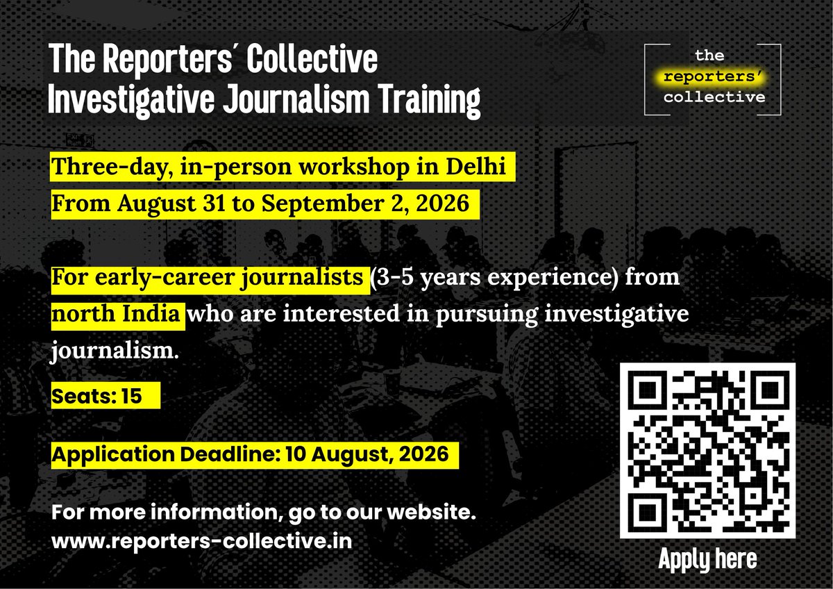 nit_set's tweet photo. One of our mandates at The Reporters' Collective @reporters_co is to build a larger village of skilled and courageous journalists across India.   

To share what we learn. To provide others the methods and skills we put behind our impactful investigative journalism.    

For that:   
The Reporters' Collective Training for Investigative Journalism   

Aug 31 - Sept 2. Delhi.  

Three-day intensive workshop in Delhi. For journalists from north India. 

(All costs borne by TRC for selected candidates.)   

For more Details: https://t.co/EFXtdsVy3g