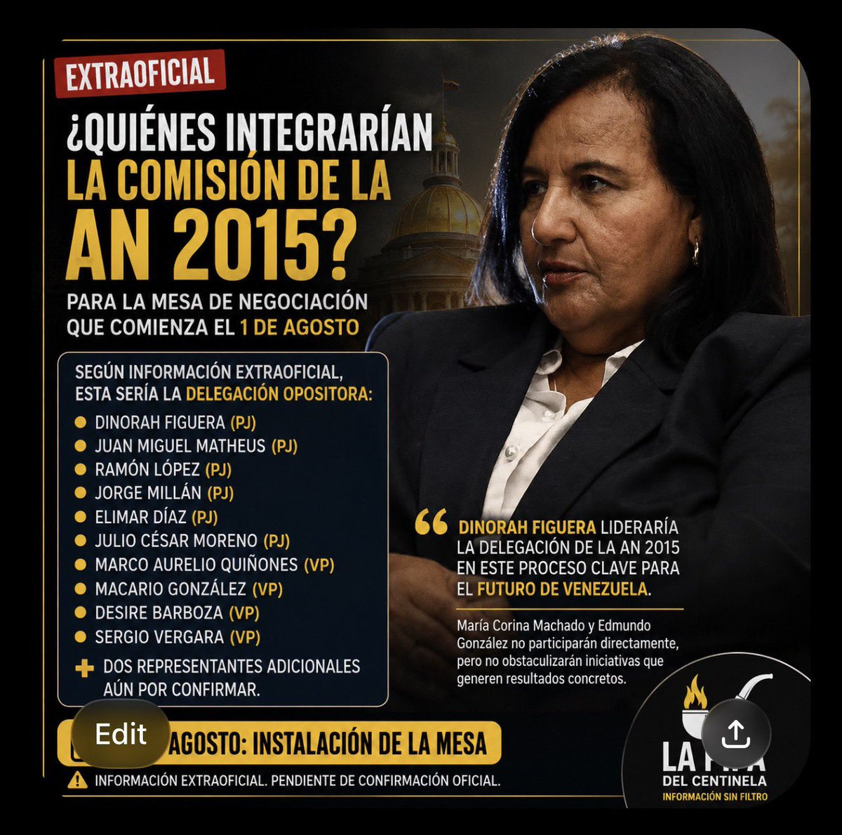 jpariacano's tweet photo. 🚨 EXTRAOFICIAL | TRASCIENDEN LOS POSIBLES INTEGRANTES DE LA DELEGACIÓN DE LA AN 2015 PARA LA MESA DEL 1 DE AGOSTO

A pocas horas de la instalación de la comisión de negociación entre la Asamblea Nacional de 2015 y el oficialismo, comenzaron a circular los nombres de quienes, extraoficialmente, integrarían la delegación opositora.

Según versiones difundidas por fuentes políticas y medios nacionales, la comisión estaría conformada por:

🔹 Dinorah Figuera
🔹 Juan Miguel Matheus
🔹 Ramón López
🔹 Jorge Millán
🔹 Elimar Díaz
🔹 Julio César Moreno
🔹 Marco Aurelio Quiñones
🔹 Macario González
🔹 Desire Barboza
🔹 Sergio Vergara
➕ Dos representantes adicionales cuyos nombres aún no han trascendido.

La posible integración evidencia un predominio de dirigentes de Primero Justicia y Voluntad Popular, mientras que, hasta el momento, no aparecen representantes de Vente Venezuela, el partido liderado por María Corina Machado, ni de otras organizaciones que forman parte del bloque opositor.

Cabe recordar que María Corina Machado y Edmundo González Urrutia han reiterado que no participan directamente en esta negociación, aunque manifestaron que no obstaculizarán ninguna iniciativa que produzca resultados concretos para la liberación de presos políticos, la restitución de garantías democráticas y la recuperación de la soberanía popular.

⚠️ Esta información es de carácter extraoficial y deberá ser confirmada o desmentida cuando se instale formalmente la comisión el próximo 1 de agosto.

Fuente: Información extraoficial difundida por dirigentes políticos y medios venezolanos.
