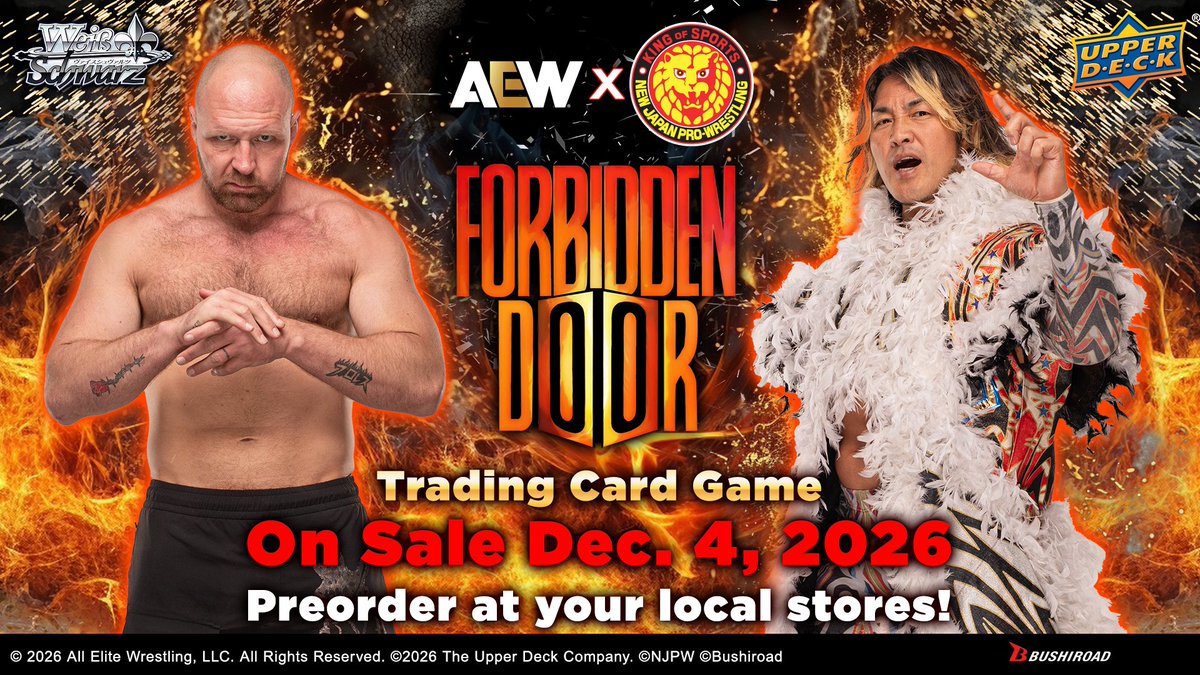 weissschwarz_en's tweet photo. The Forbidden Door is about to open!⁠
⁠
Preorders are now open so lock in your orders and get ready to rumble! ⁠
⁠
🔗Booster Pack: https://t.co/F3QKCylIYl⁠
🔗Trial Deck (NJPW): https://t.co/YUzeZgy4K5⁠
🔗Trial Deck (AEW): https://t.co/V1ZgTM1QMo⁠
⁠
#WeissSchwarz #TCG⁠ https://t.co/bwhlwnhWTN