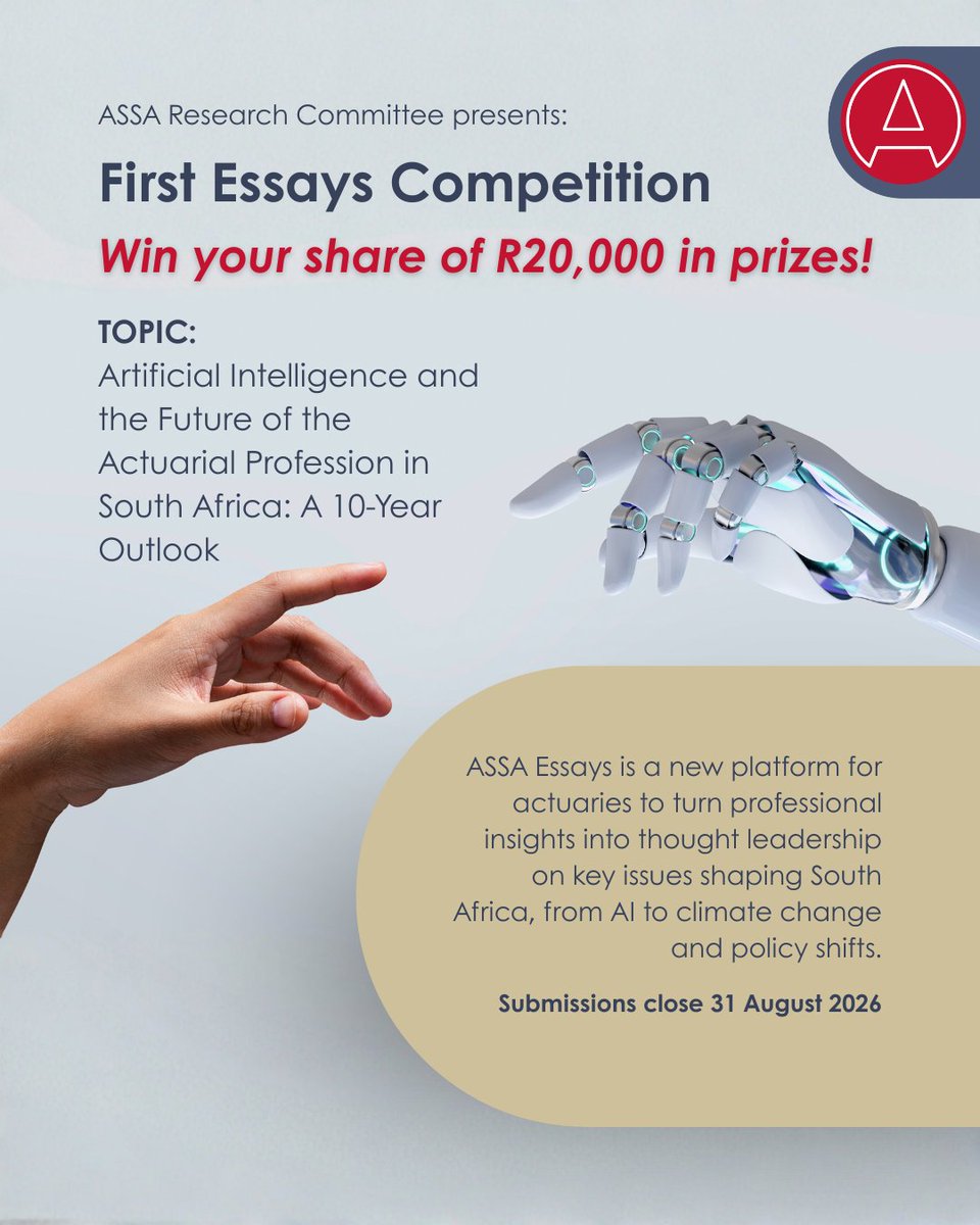 ActuarialSa's tweet photo. With just one month left until submissions close, now is the time to put pen to paper!

Whether you’re exploring the impact of LLMs on daily actuarial workflows or the broader ethical and strategic shifts ahead, the ASSA Research Committee wants to hear your perspective on how AI will reshape the profession in South Africa.

What’s up for grabs?

• Best Overall Essay: R10,000
• Runners-up: R5,000 each
Open to all Fellows, Associates, and Student members. Don't miss your chance to shape the conversation and win!

📅 Deadline: 31 August
🔗 How to enter: View the full submission guidelines, themes, and judging criteria here: https://t.co/RMLfkhy8ks
Watch this video for more info: https://t.co/8lbYZAmm0F

#ASSA #Actuary #ActuarialScience #ArtificialIntelligence #SouthAfrica #EssayCompetition #AI #FutureOfWork #1MonthToGo