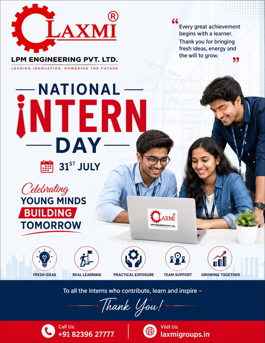LpmEngineering's tweet photo. National Intern Day | Celebrating Tomorrow's Engineers &amp; Innovators  

Call Us: +91 82396 27777 
Visit Us: https://t.co/QEywPxqndL  

#NationalInternDay #LPMEngineering #LaxmiGroups #Engineering #Internship #FutureEngineers #YoungTalent #Innovation #Learning #CareerGrowth https://t.co/FecBJx5s0f