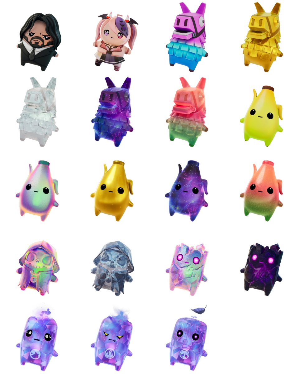 FN_Assist's tweet photo. New Sprite types and variants added in #Fortnite v41.30!

- John Wick
- Ironmouse
- Llama
- Gold Llama
- Gem Llama
- Galaxy Llama
- Gummy Llama
- Peely
- Holofoil Peely
- Gold Peely
- Galaxy Peely
- Gummy Peely
- Holofoil Grim
- Gem Grim
- Holofoil Zero Point
- Cube Zero Point
- Quack Water
- Quack Fire
- Quack Earth