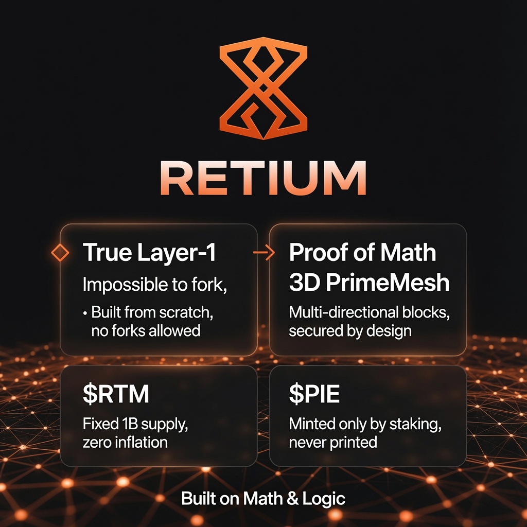 Erfan__Khani's tweet photo. @RetiumChain is a true Layer-1 built from scratch.

No Ethereum fork. No Solana copy.
Original architecture with Proof of Math consensus and a 3D PrimeMesh structure - blocks expand in multiple directions instead of a single linear chain.

$RTM: fixed supply of 1 billion, zero inflation.
$PIE: only minted through staking, burned on unstake.

Forks are mathematically impossible.
Every coin earned comes from real network work.

This is what “built on math” actually looks like.

#Retium #ProofOfMath #PrimeMesh #Layer1
