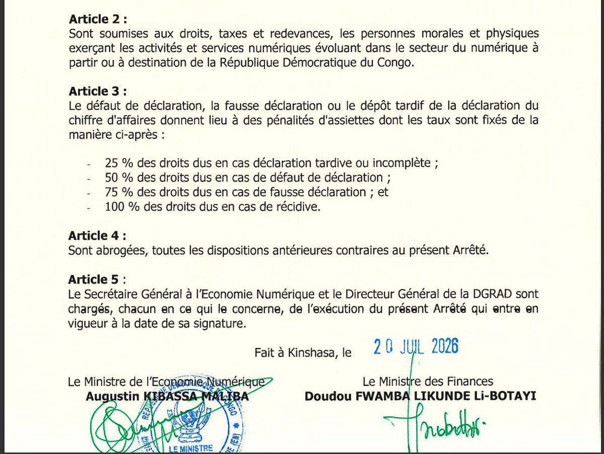Ibandagrace's tweet photo. Le Nouveau Cap de l’Économie Numérique en RDC: Entre Souveraineté Fiscale et Impératif de Conformité Spécialisée

L'Arrêté interministériel ( @econonumerique  et @financesrdc  ) du 20 juin 2026 est une avancée majeure pour notre souveraineté numérique. 
Voici ce qu'il faut retenir simplement :

1. Personne n'est oublié (Article 2)
Que vous soyez basé à #Kinshasa ou à l'autre bout du monde, si vous proposez des services numériques aux Congolais, vous êtes assujetti. Le gouvernement cible tout le monde pour garantir un marché équitable.

2. Un cadre strict pour les entreprises étrangères
Pour encadrer les géants sans bureau local, le Ministre impose des tarifs plus élevés (ex: 30 000 $ pour les acteurs étrangers contre 10 000 $ pour les locaux sur certains services) et exige des autorisations préalables obligatoires. 
En cas de fraude, les amendes peuvent doubler le montant dû .

3. Le danger du « 25 % »
Attention : une déclaration en retard ou incomplète coûte cher.

 La pénalité est de 25 % des droits dus sur une taxe pouvant atteindre 100 000 $ (comme pour un centre de données ), l'erreur d'un non-spécialiste peut vous coûter une fortune.

Le Droit du numérique est une spécialité technique, ne risquez pas votre budget avec des approximations pour sécuriser vos activités et éviter des sanctions colossales, faites-vous accompagner par des experts.

Nous sommes prêts à vous conseiller.
Contactez-nous dès que possible.

✍🏻 @Ibandagrace , Mastérant en Droit du Numérique.