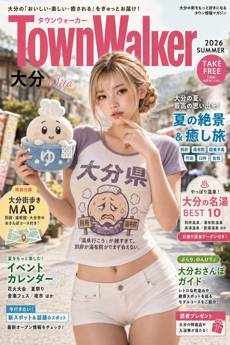 Sgt_Salts's tweet photo. タウン誌:大分県編
#グラフィックTシャツの日
#XSTYLE
#AIart SFW Illustration https://t.co/9qfacn82Cx