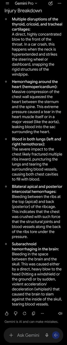 UPSWifey's tweet photo. @tricia_dejong @baroncoleman @GraceSm16250397 Thank you! I copied/pasted the injuries into Gemini, and it mentioned the chest being crushed quite extensively. I did not provide any additional details - the projectile into his neck. The recurring emphasis on the chest being crushed &amp; comparable causatives is heartbreaking 💔 https://t.co/OOZVVN03YD