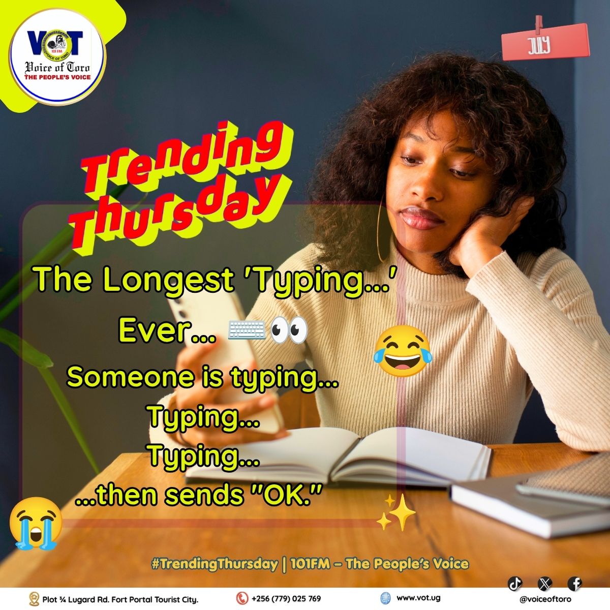 VoiceofToro's tweet photo. π₯ That "typing..." lasted 2 minutes... just for them to reply: "OK." ππ
What's the funniest message you've waited for? ππΎ
#101FM #VoiceOfToro #TrendingThursday https://t.co/5D38nMzokZ