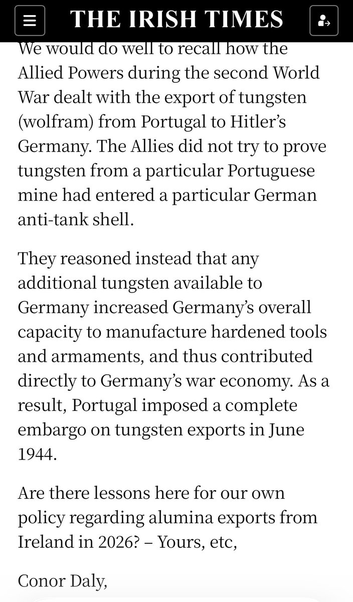 realLangerDan's tweet photo. ‼️Great letter to the editor in today’s Irish Times that hits the nail on the head. 

This is true today of alumina in 2026 as it was for tungsten in 1944. 

We need a complete embargo on anything Russia can use to assist its war effort or economy. https://t.co/rBqRMeYw3X