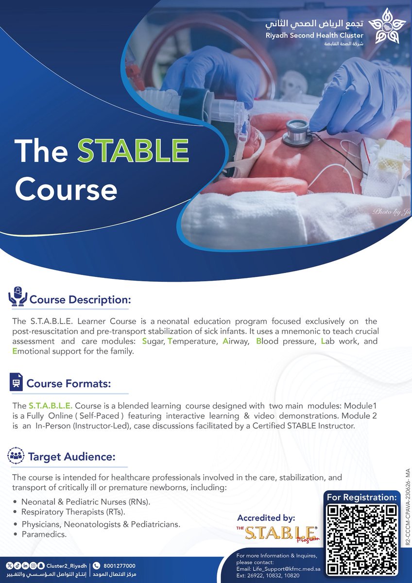 Cluster2_Riyadh's tweet photo. The STABLE Course 

🗓️ September 10, 2026
⏰ 9:00 AM – 4:00 PM

🔗 Register here:
https://t.co/8aQr6iVonT

#Riyadh_Second_Health_Cluster https://t.co/DmTzXwyEhg