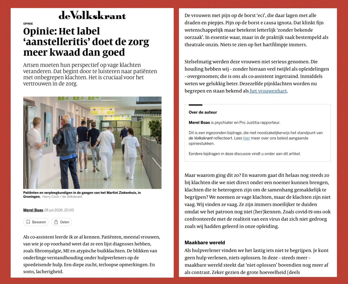 JimFaas's tweet photo. 🟥 AANSTELLERITIS, KLAAR 🟦 Voor wie het gemist heeft…

🟧 Scherp stuk van Merel Boas, psychiater en Pro Justitia-rapporteur
🟧 Geen hartafwijking te zien op het filmpje? Geen afwijking op de scan bij ME of long COVID? 
🟧 We noemen het vage klachten (of SOLK, of ALK) maar eigenlijk bedoelen we: klachten die we nog niet snappen. Dat is een verschil. Een groot verschil.

🟩 Over het vrouwenhart dat decennialang werd weggewuifd als paniek. Over hoe ‘voortschrijdend inzicht’ ons telkens weer terugfluit, bij perimenopauzale klachten, bij long COVID, bij ME. En over de prijs die patiënten daarvoor betalen: het verlies van vertrouwen in hun arts. In het hele systeem.

🟥 Voor iedereen die in de zorg, de sociale zekerheid of de rechtspraak met ‘onbegrepen’, ‘onverklaarde’ klachten te maken heeft. Lees vooral door👇tot het eind.