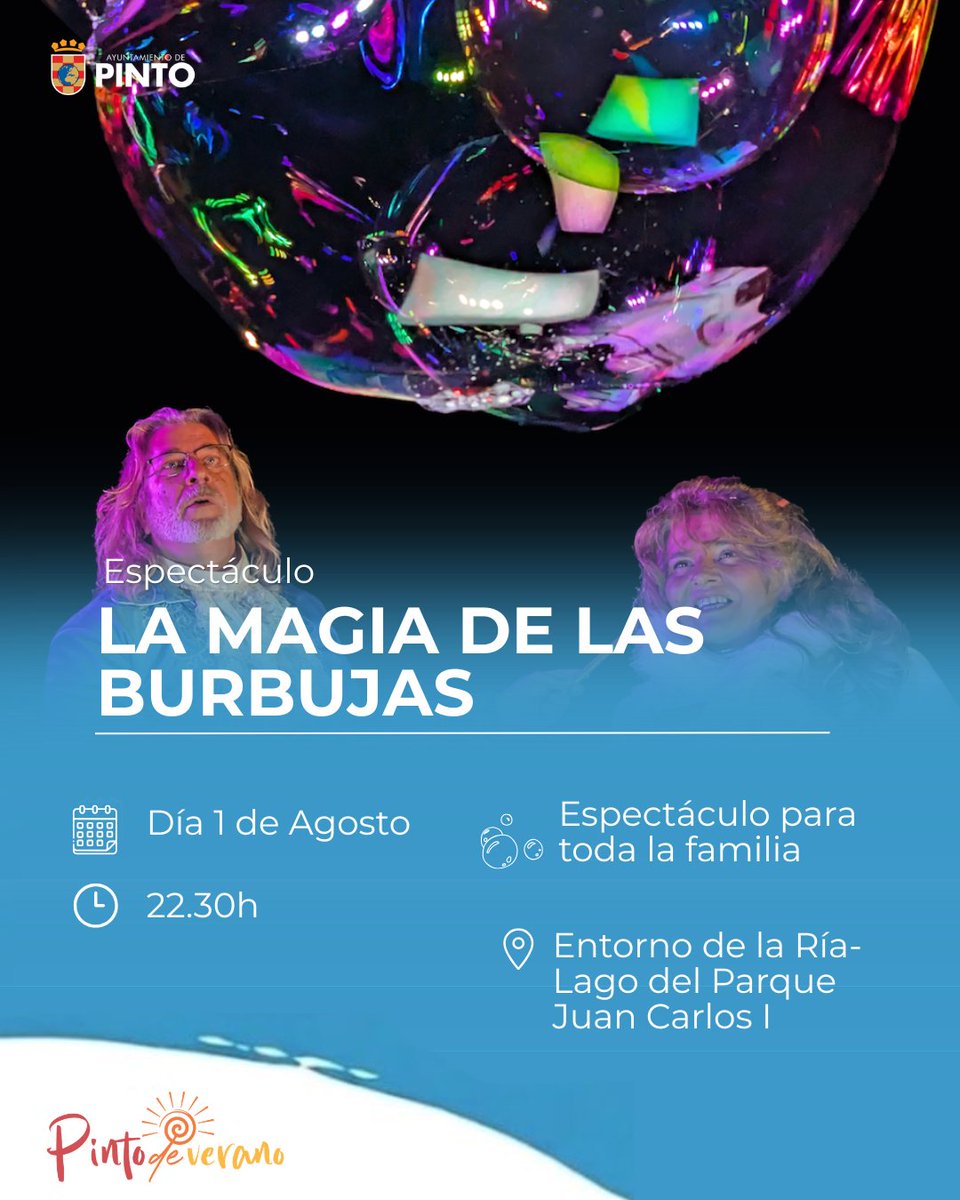 AytoPinto's tweet photo. Último fin de semana de #PintodeVerano con 'La Magia de las Burbujas'✨
🫧🎶Al ritmo de la música, las pompas de jabón flotan, se transforman y crean sorprendentes figuras que despiertan la imaginación de pequeños y mayores
🗓️1 de agosto
⏰22:30 h.
📍Parque Juan Carlos I https://t.co/kQJW2kjsKY