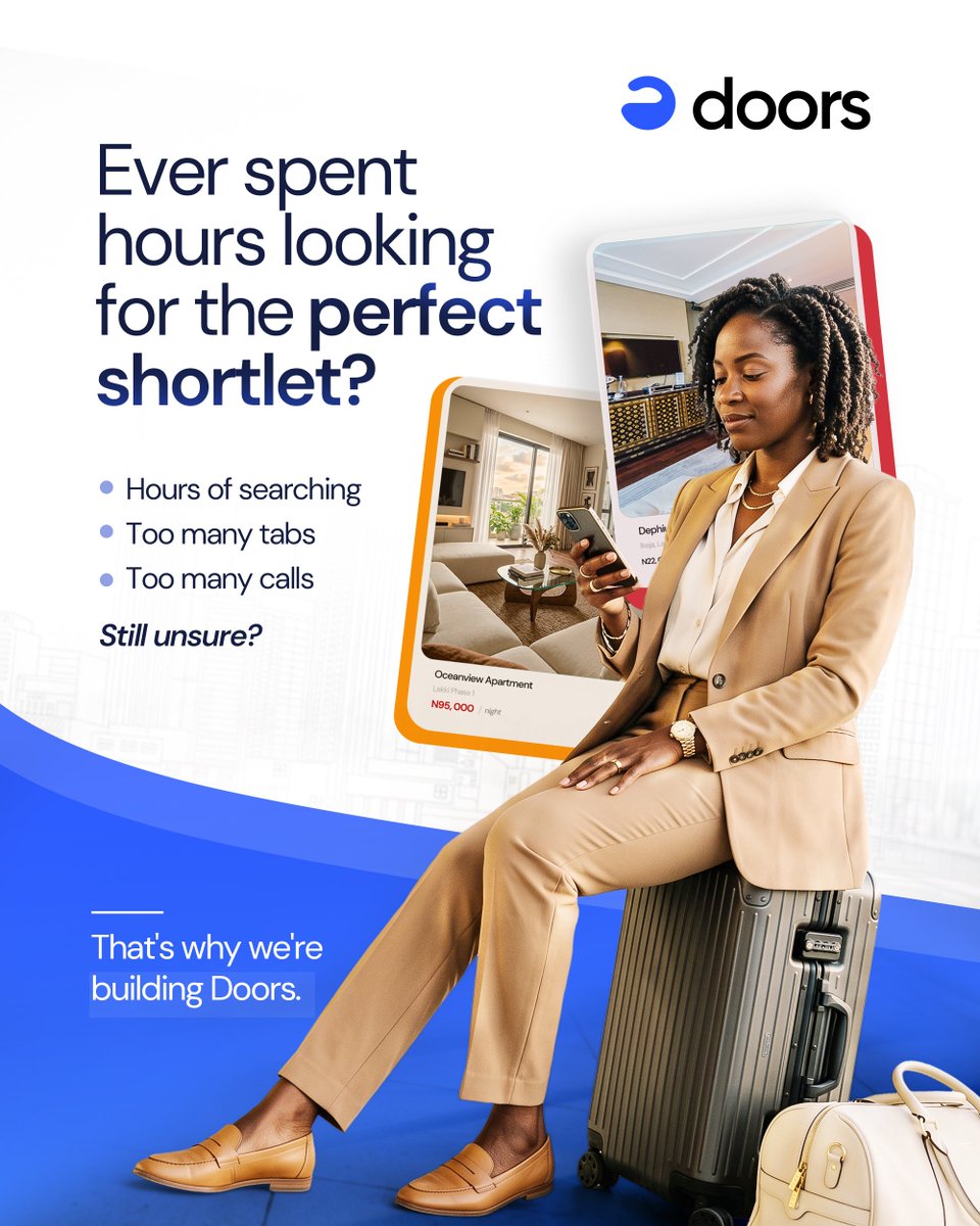 trydoors1's tweet photo. Finding the right shortlet shouldn't feel like a full-time job.
Doors is being built to make discovering quality stays simpler, faster, and more reliable.

We're almost ready to open our Doors.✨

Join our waitlist https://t.co/xyEcZ3LBP9

#TryDoors #shortletmadeeasy #Comingsoon https://t.co/6pxahboZ50