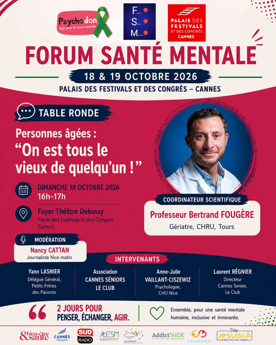 Le_Psychodon's tweet photo. Vieillir, c’est une réalité qui nous concerne tous. Mais comment préserver la santé mentale tout au long de la vie ?
Retrouvez le programme complet du Forum sur https://t.co/v8Y0viNJAj.
@ADESM_fr @CannesPalais @SudRadio @dmeillerand @Addict_Aide @FranceDpression @BertrandFougere https://t.co/158zv62Vog