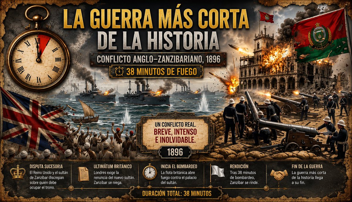 EcosHistoria's tweet photo. ¿Te imaginas una guerra que terminara antes de que acabara tu pausa para el café? En 1896, el conflicto anglo-zanzibariano pasó a la historia por durar tan solo 38 minutos. Hoy descubriremos la guerra más corta jamás registrada.
#guerra #inglaterra
https://t.co/2lTqwOar2F https://t.co/VrRye6yVJe
