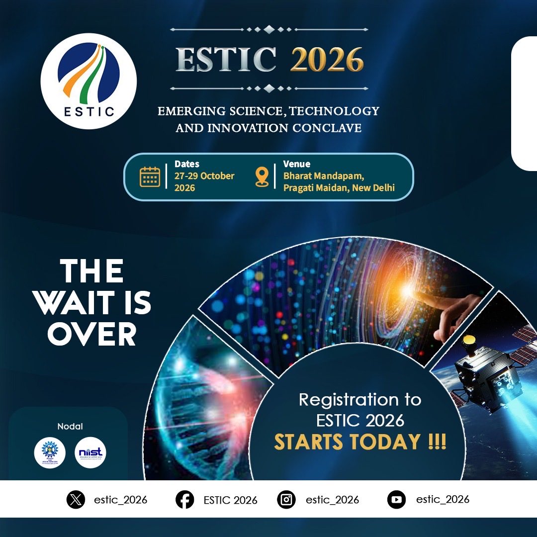 estic_2026's tweet photo. Presenting ESTIC 2026

A national platform bringing together leaders in science, technology and innovation to foster collaboration and progress.

Registration will be open today through the official ESTIC 2026 website. 
#estic2026 #ViksitBharat2047 https://t.co/sDWT9L9fA7
