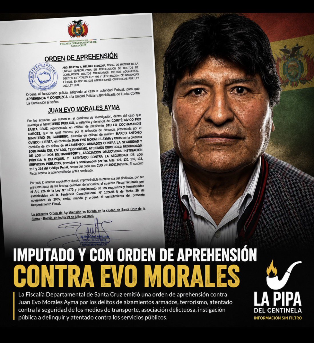 jpariacano's tweet photo. 🚨 BOLIVIA | FISCALÍA EMITE ORDEN DE APREHENSIÓN CONTRA EVO MORALES

La Fiscalía Departamental de Santa Cruz habría emitido una orden de aprehensión contra el expresidente Evo Morales Ayma, en el marco de una investigación por presuntos delitos relacionados con alzamientos armados contra la seguridad y soberanía del Estado, terrorismo, atentados contra los medios de transporte, asociación delictuosa, instigación pública a delinquir y atentados contra los servicios públicos.

De acuerdo con el documento que circula públicamente, la medida fue emitida por un fiscal de materia de la Unidad Especializada en Persecución de Delitos de Corrupción y está vinculada a una denuncia presentada por el Comité Cívico Pro Santa Cruz y respaldada posteriormente por el Ministerio de Gobierno.

De confirmarse la autenticidad y vigencia de esta orden, el proceso marcaría un nuevo capítulo en la compleja situación judicial y política que enfrenta el exmandatario boliviano, profundizando la confrontación entre el gobierno y el líder del Movimiento al Socialismo (MAS).

La decisión podría generar nuevas reacciones tanto dentro de Bolivia como en el ámbito internacional, debido al peso político que Evo Morales mantiene en la región.

⚠️ Importante: La imagen del documento ha sido ampliamente difundida en redes sociales. Corresponde a las autoridades bolivianas confirmar oficialmente su autenticidad, alcance y estado procesal.

Fuente: Documento atribuido a la Fiscalía Departamental de Santa Cruz e información en desarrollo.