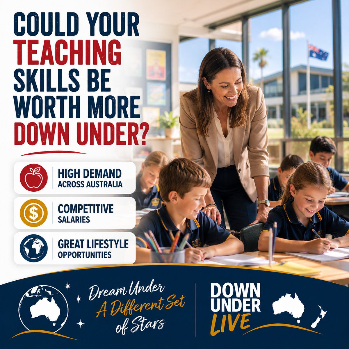 Getmedownunder's tweet photo. At Down Under Live, you can meet employers, education recruiters and registered migration professionals to explore what's possible. 
#Teaching #Teachers #Education #AustraliaJobs #TeachingCareers #DownUnderLive https://t.co/4Q8R4zwCST