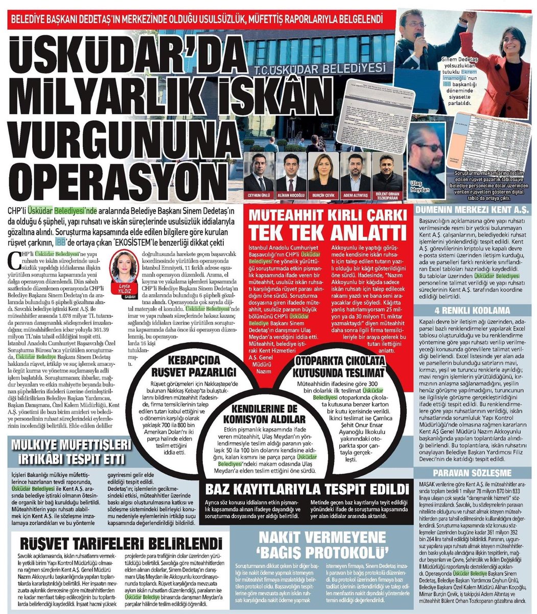 NekadarolduTR's tweet photo. Üsküdar Belediyesi'ne yönelik başlatılan ve aralarında Belediye Başkanı Sinem Dedetaş'ın da bulunduğu 6 kişinin gözaltına alındığı rüşvet operasyonuna, akıllara durgunluk veren teslimat yöntemleri damga vurdu. 

Soruşturma dosyasına giren etkin pişmanlık ifadelerine göre; milyonlarca liralık usulsüz iskan ruhsatı pazarlığı Nakkaştepe'deki bir kebapçıda yapıldı, 
rüşvet paraları ise çikolata kutusu ve spor çantası içinde taşındı. 
Rüşvetin spor çantalarıyla transfer edilmesi ise akıllara yakın geçmişte yaşanan "İBB Spor Kulübü" yazılı çantalarla taşınan para kuleleri skandalını getirdi.