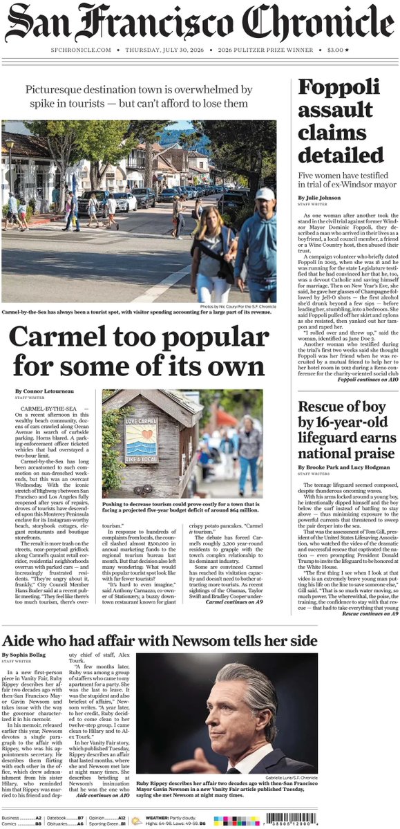 ukpapers's tweet photo. ▫ Carmel too popular for some of its own

▫This picturesque California town is overwhelmed by tourists — but can’t afford to lose them
▫@Con_Chron
▫https://t.co/idVF6fI7oA

@sfchronicle #frontpagestoday #USA 🇺🇸 https://t.co/VB2sq3Os5Z