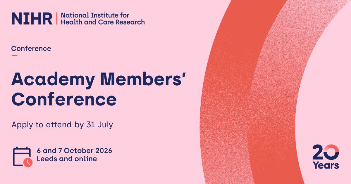 NIHRresearch's tweet photo. REGISTRATION CLOSING for in-person places at the Academy Members' Conference! Apply by 5pm tomorrow, Friday 31 July to attend. In-person places are open to NIHR Academy Members.

The conference takes place on 6 and 7 October in Leeds and online, and this year's theme is 'NIHR 20 - The future is digital: revolutionising health and care research'.

Register now: https://t.co/txZcdrlALw